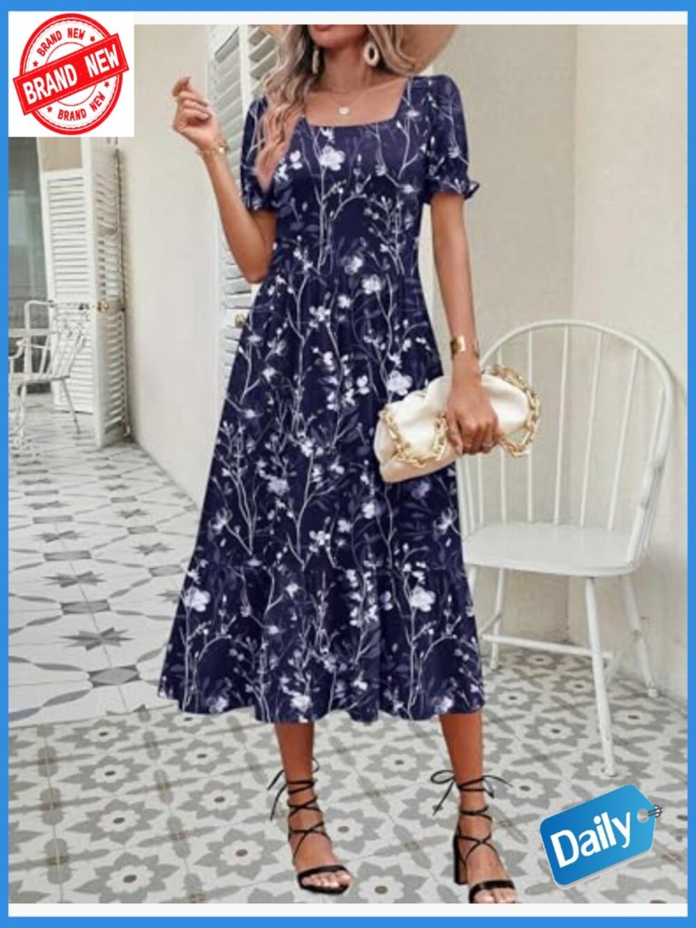 Flowy Midi Dress with Pockets Short Sleeve Square Neck Tiered Swing Dress - Picture 4 of 7